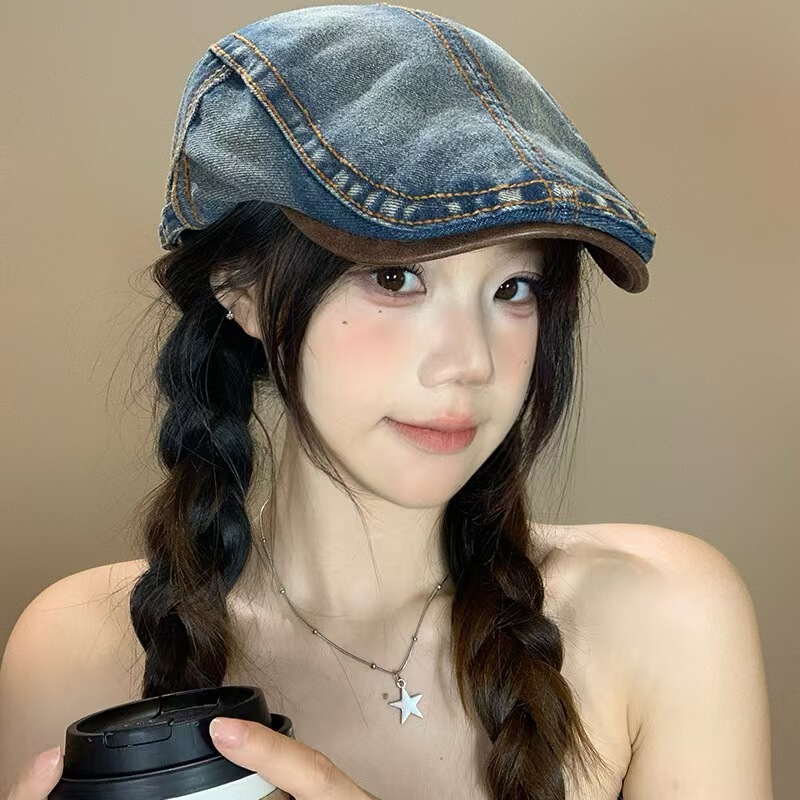Washable Denim Forward Cap for Women, Spring/Summer British Style, Japanese Retro Large Head Circumference Hat Washable Denim Forward Cap for Women, Spring/Summer British Style, Japanese Retro Large Head Circumference Hat