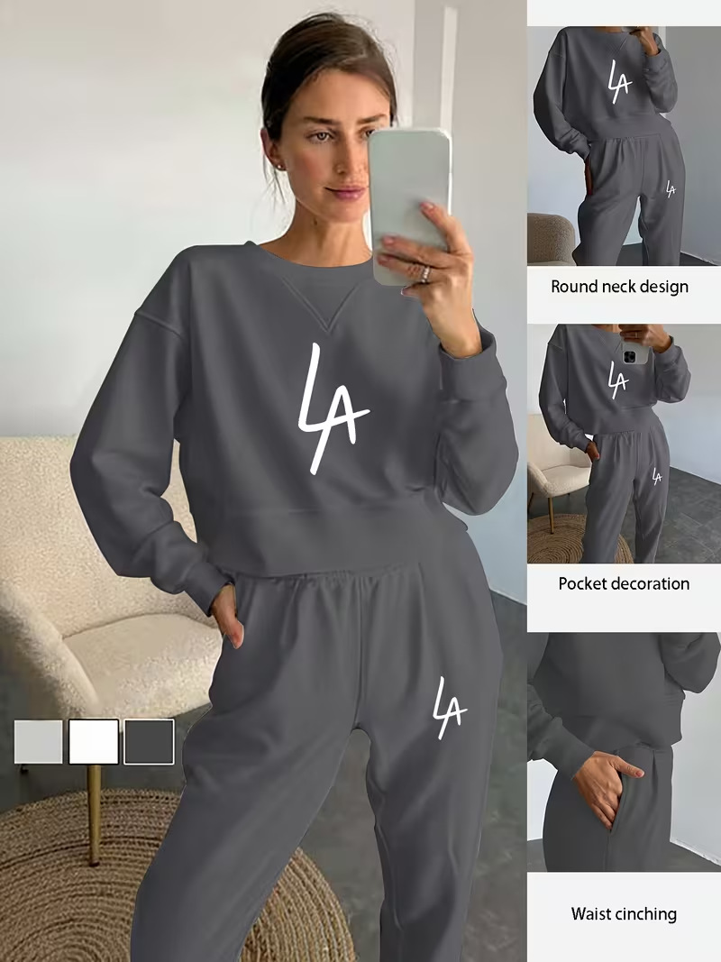 Women's Two Piece Set Fleece Lined Round Neck Casual Print Outfit_voghion.com
