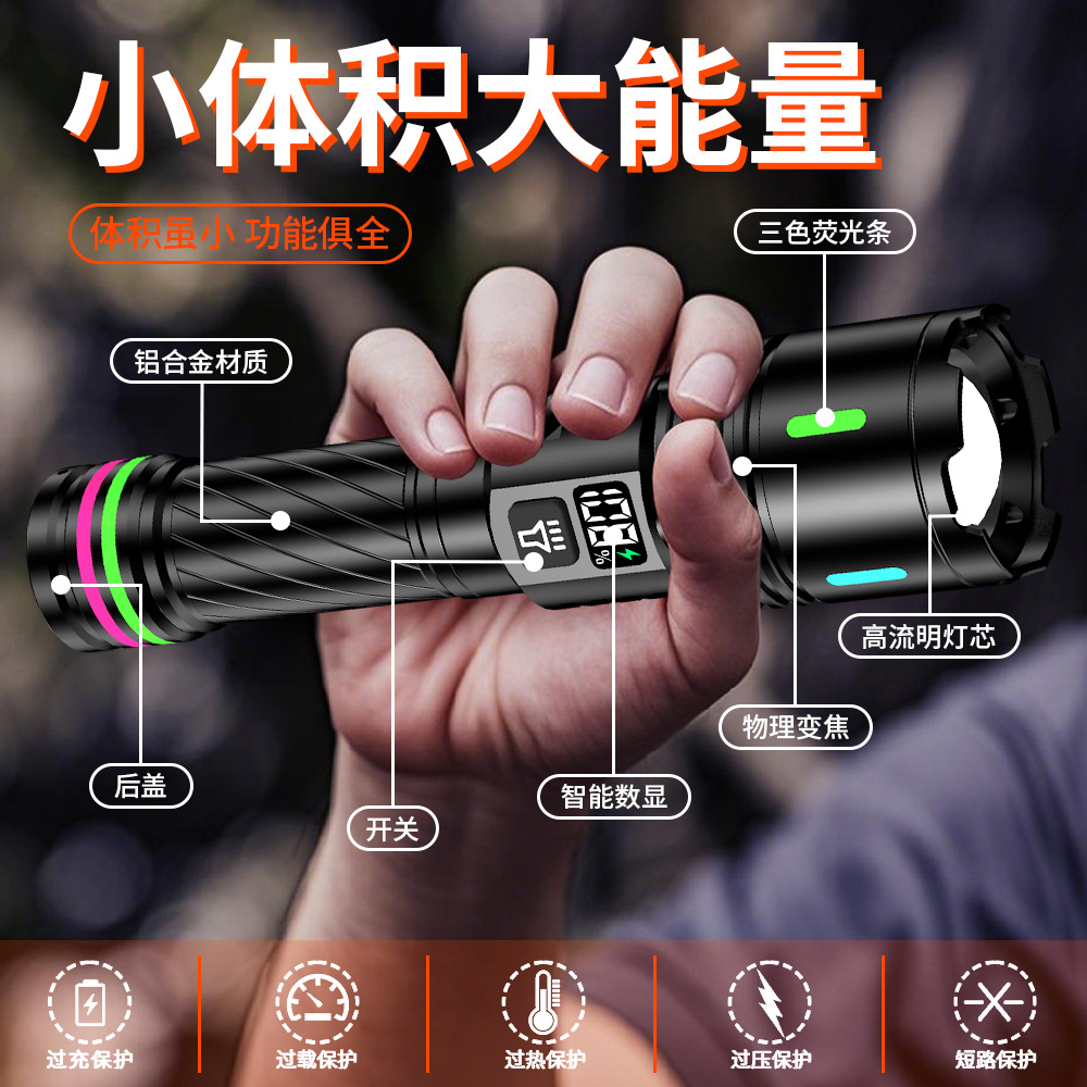 Nueva linterna de luz fuerte transfronteriza, pantalla digital para exteriores recargable, linterna de largo alcance de patrulla de zoom portátil colorida