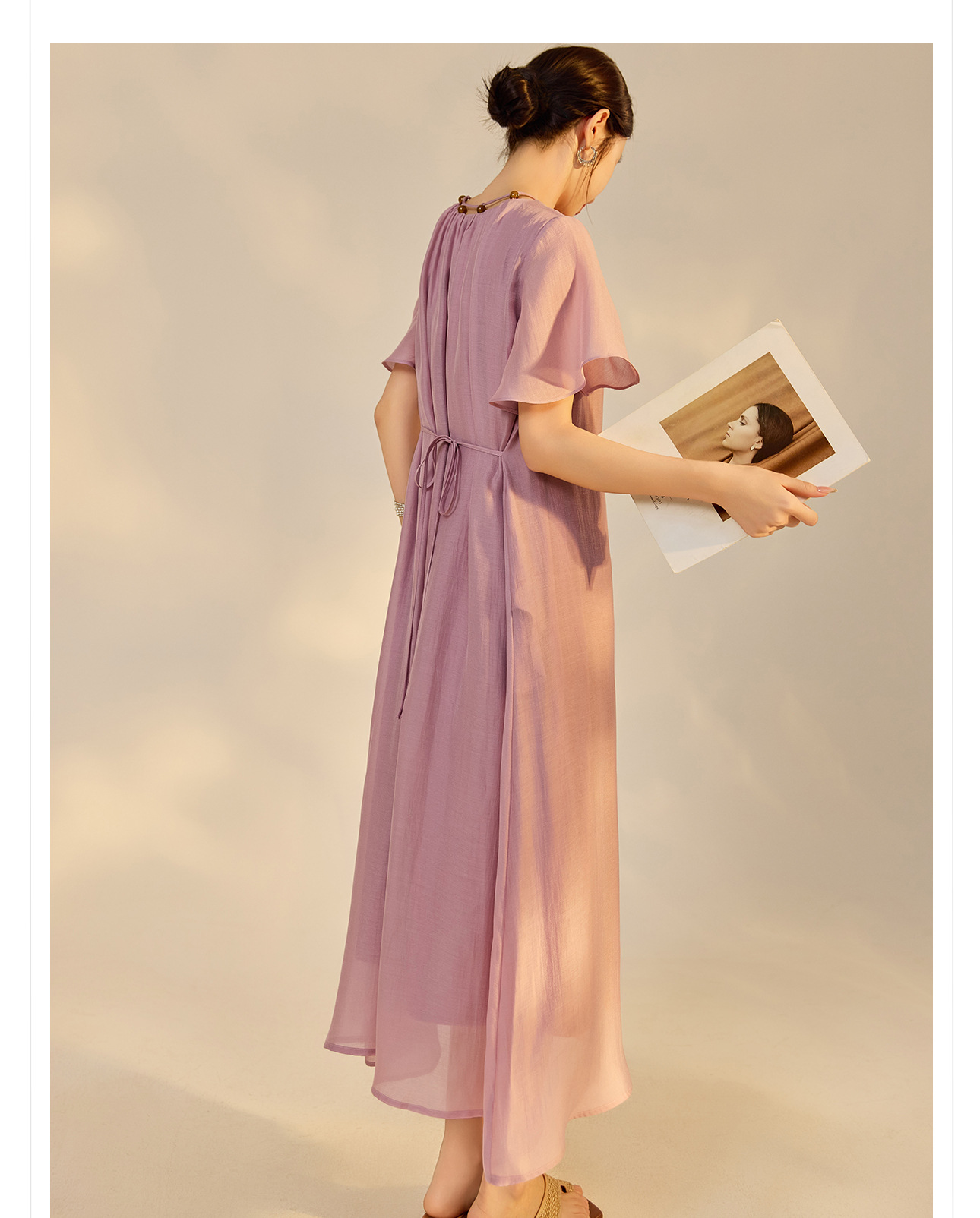 Đầm maxi nữ thắt eo tay lá sen chất Tencel phong cách dân tộc — Taro màu tím chi tiết 12