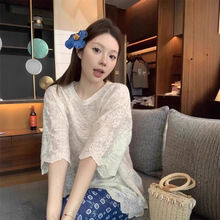 设计感钩花镂空短袖蕾丝衫女2025夏季新款设计感薄款叠穿防晒罩衫