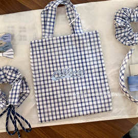 韩国ins新款森系百搭学生帆布包 韩版女蓝色格子休闲百搭托特包包