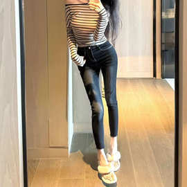 韩系明线黑灰色显瘦九分牛仔裤女2026春季新款修身百搭小脚铅笔裤