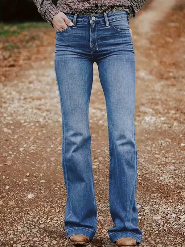 Cross-border, blue back pocket embroidered loose wide-leg stretch jeans for women Cross-border, blue back pocket embroidered loose wide-leg stretch jeans for women