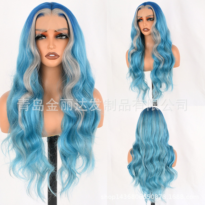 Foreign Trade Wig for Women European and American Long Curly Hair Highlighted Blue High Temperature Silk Front Lace Wavy Chemical Fiber Headgear Hair Wig