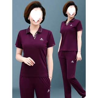 夏季妈妈装夏装短袖女大码中老年40岁50休闲运动服外穿两件套