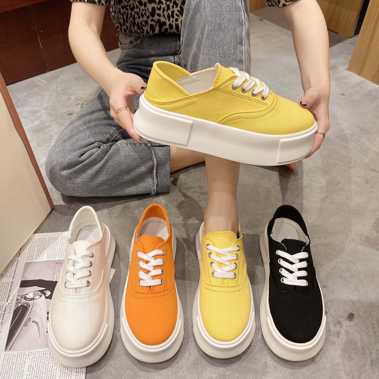 2021新款厚底帆布鞋女ulzzang复古港味时尚两穿懒人网红ins松糕鞋|ru