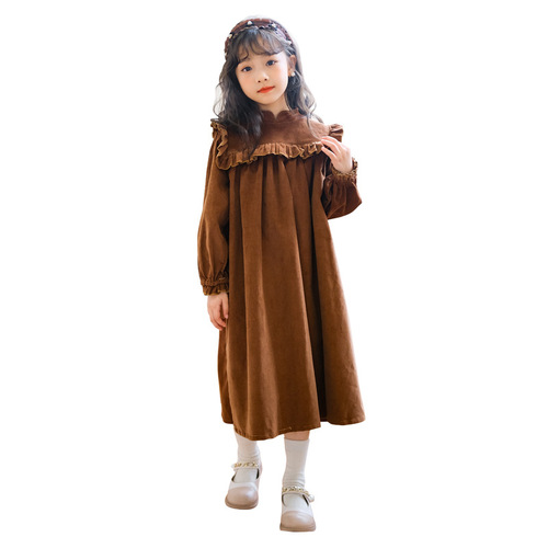Girls' dress autumn and winter new long-sleeved ruffled velvet skirt for big children forest style girl princess skirt
