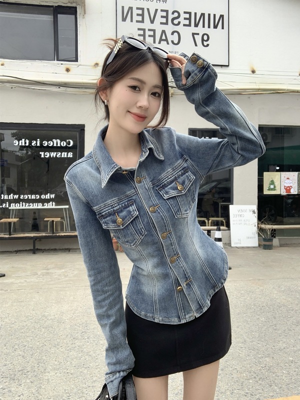 复古蓝色长袖衬衫外套女秋季修身收腰牛仔衬衣设计感气质开衫上衣|undefined