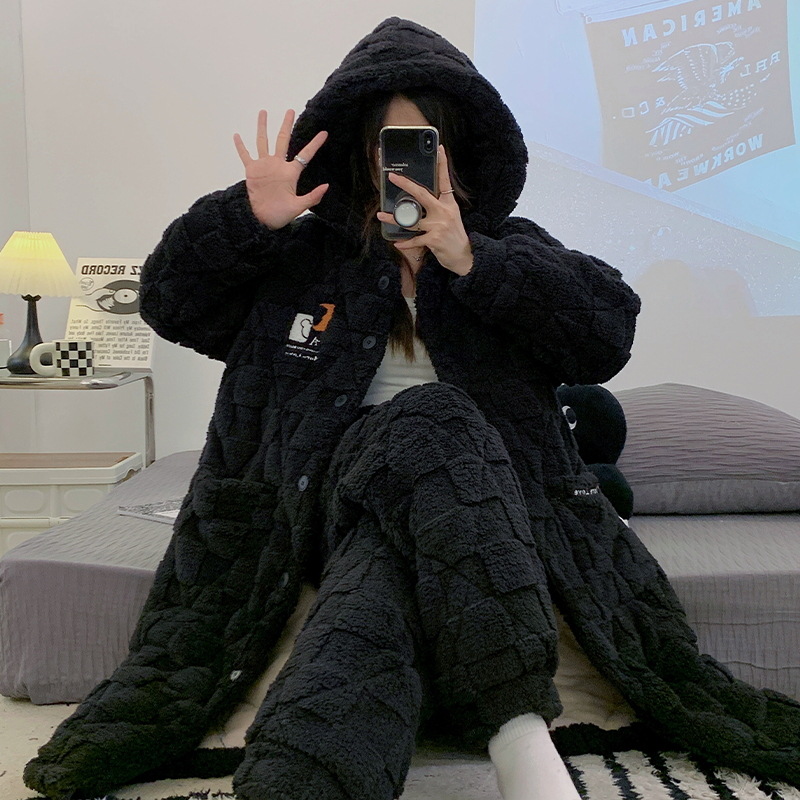 Pijamas de invierno de las mujeres acolchadas de tres capas engrosada caliente Chaqueta de algodón acolchado bolsillo lindo dulce ropa de abrigo homewear camisón