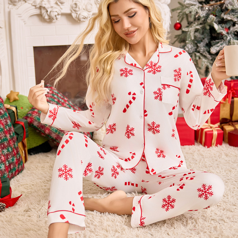 Christmas European and American Style Cross-Border Temu New Year Snowflake Pajamas Women's Fashion Lapel Long-Sleeved Pants Home Wear Women's Clothing