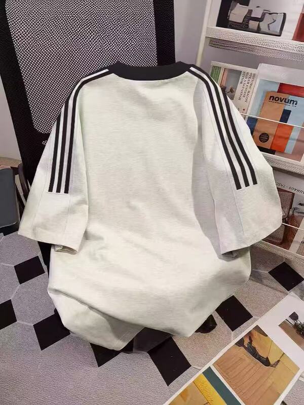 厚手の純綿白スリーストライプス半袖Tシャツレディース2025年夏新作オーバーサイズルーズインナートップ|undefined