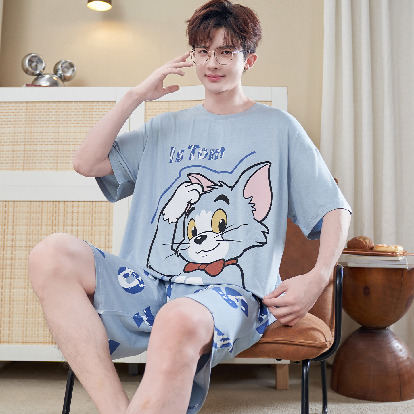 Men's Summer Pajamas, Cat and Mouse Short-Sleeved Modal 2026 New Style Youth Home Wear Plus Size Set 3