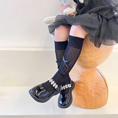 簡約黑白純色長筒襪可愛蝴蝶結夏季薄款網襪純欲甜美風及膝小腿襪