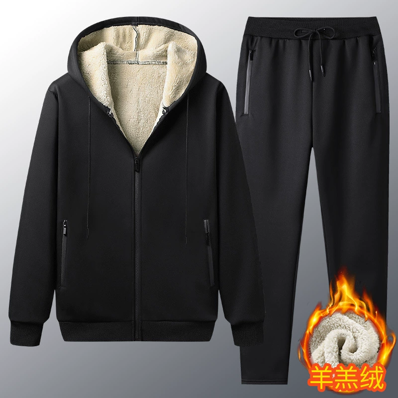 Мужской осенне-зимний утолщенный костюм с капюшоном на флисовой подкладке, костюм из бархата ягненка, Молодежный спортивный костюм, спортивные штаны на флисовой подкладке
