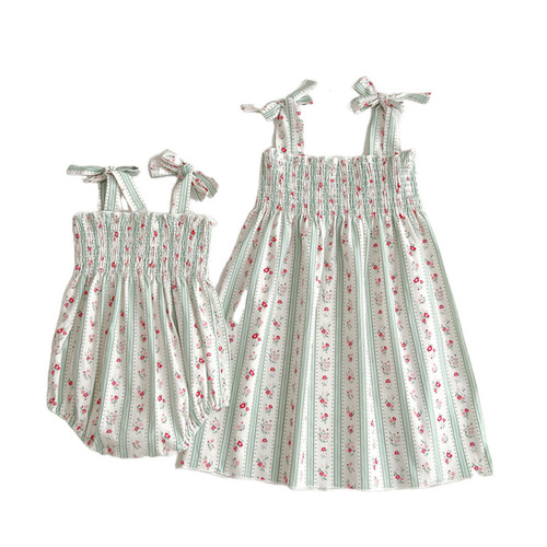 Floral Print Girls' Summer Dress Sister Set Korean Style Butterfly Strap Princess Dress Baby Girl Bodysuit T-shirt