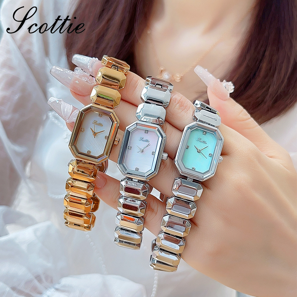 Orologio da donna Scottie Square con quadrante in madreperla e catena, cinturino piccolo a cubetti di zucchero, modello di fascia alta per streaming live_voghion.com