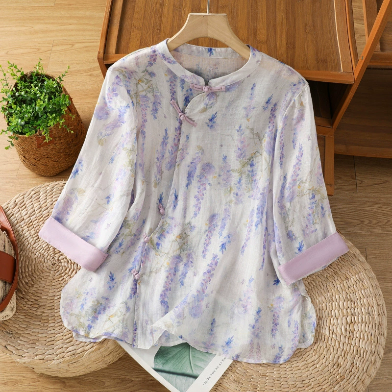 Летние женские рубашки 2025 года, новый ретро-стиль, китайский национальный стиль, улучшенный дзен-литературный принт, свободный крой, повседневный стиль