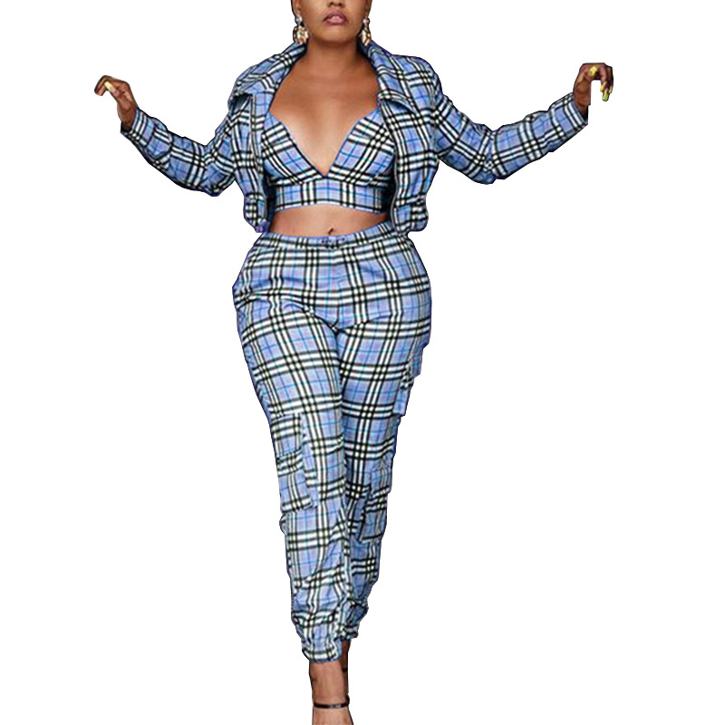 long-sleeved slim plaid print vest jacket harem pants three-piece suit NSJZC113363