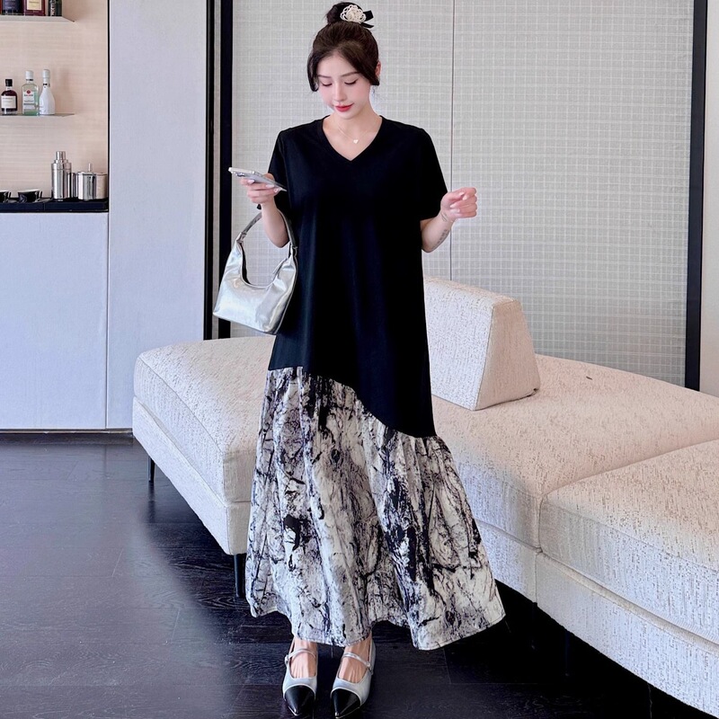 Loose-Fitting Patchwork Over-The-Knee Long Dress for Plus-Size Women, Summer Short-Sleeve Ink-Print Maternity Dress Loose-Fitting Patchwork Over-The-Knee Long Dress for Plus-Size Women, Summer Short-Sleeve Ink-Print Maternity Dress