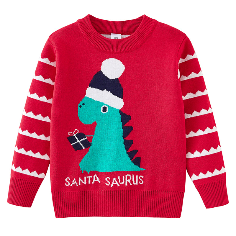 2023 Otoño e Invierno niños europeos y americanos Navidad dinosaurio dibujos animados niños y niñas Suéter de fondo para niños suéter infantil Jacquard