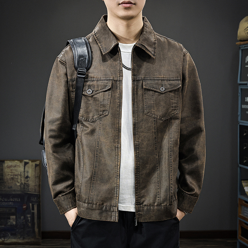 2025 New American Trendy Imitation Leather Jacket Men's Autum Trendy Brand Heavy Retro Oil Wax Loose Jacket Top