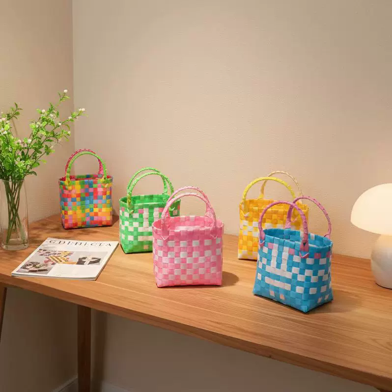 彩色儿童手提菜篮子女包文艺手工编织袋包包花朵可爱夏日海边沙滩