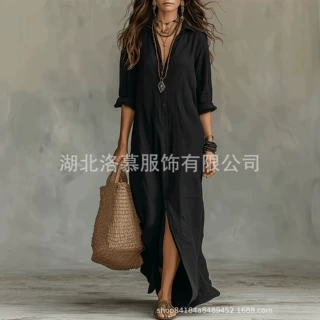 跨境欧美夏季波西米亚长裙，休闲纽扣长袖衬衫裙透气沙滩度假连裙
