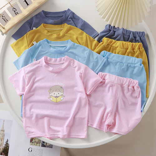 宝宝冰丝短袖短裤婴儿衣服新款小中童半袖短裤两件套儿童睡衣套装