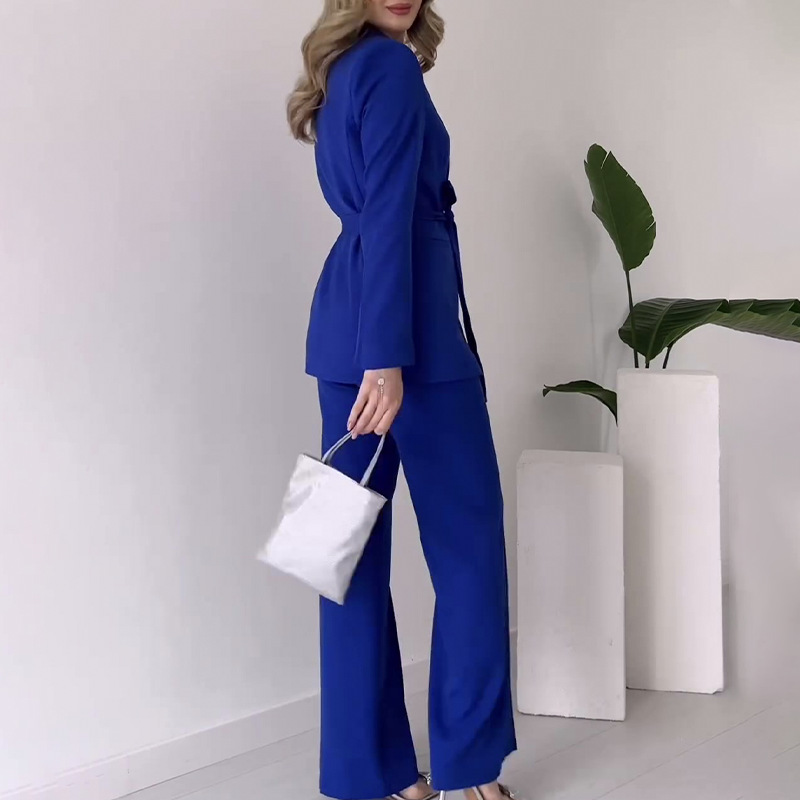 GraceChic Cross-Border European And American Trade Solid Color Elegant Waist-Tie Slim Fit Blazer With Straight-Leg Flared Suit_voghion.com