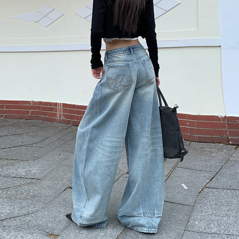 美式复古水洗弯刀牛仔裤女2025年秋冬新款直筒宽松高腰显瘦阔腿裤|undefined