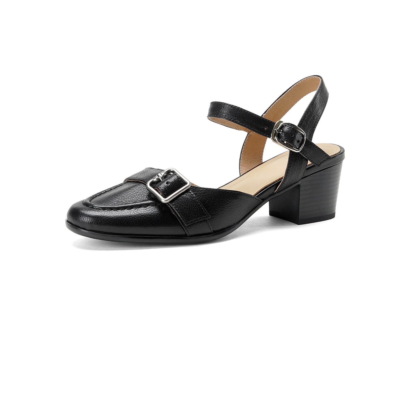 Sandal cao gót nữ hở mũi quai ngang khóa cài, gót 5 cm — đen chi tiết 20