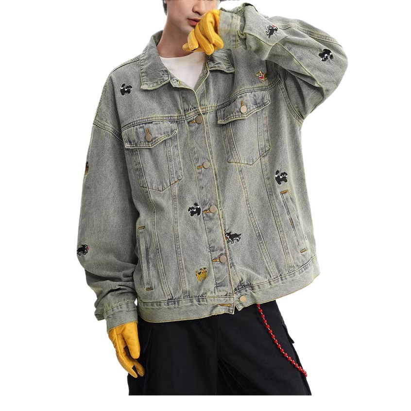 Giacca in denim con ricamo vintage a tema cartone animato - Cappotto oversize da streetwear per uomo e donna (S-2XL)_voghion.com