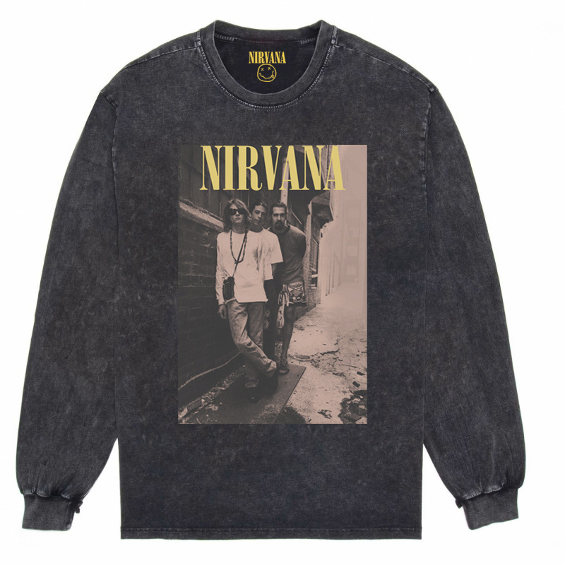 Nirvana Vintage American retro apenado rock punk angustiado lavado batik Camiseta de manga larga