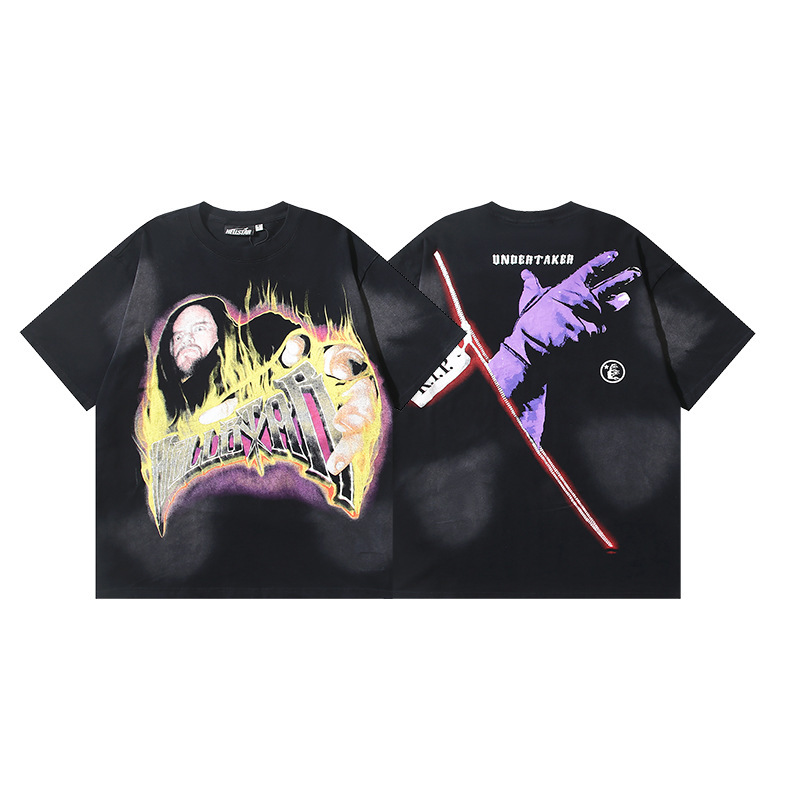 25ss 夏新作 Hellstar アメリカンファッション ハイストリート ウォッシュ加工 ダメージ加工 プリント ゆったり 半袖 Tシャツ 男女兼用|undefined