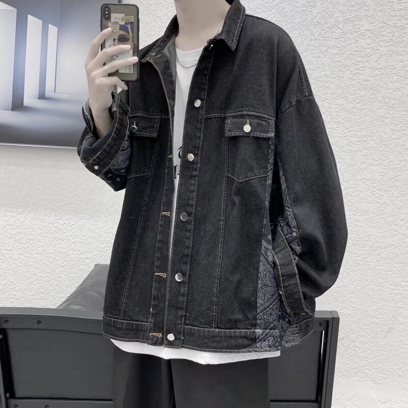 Cashew Flower Denim Jacket Men's Autumn oversize Plagian Handsome Jacket Spring and Autumn ins Trendy American Men's Top