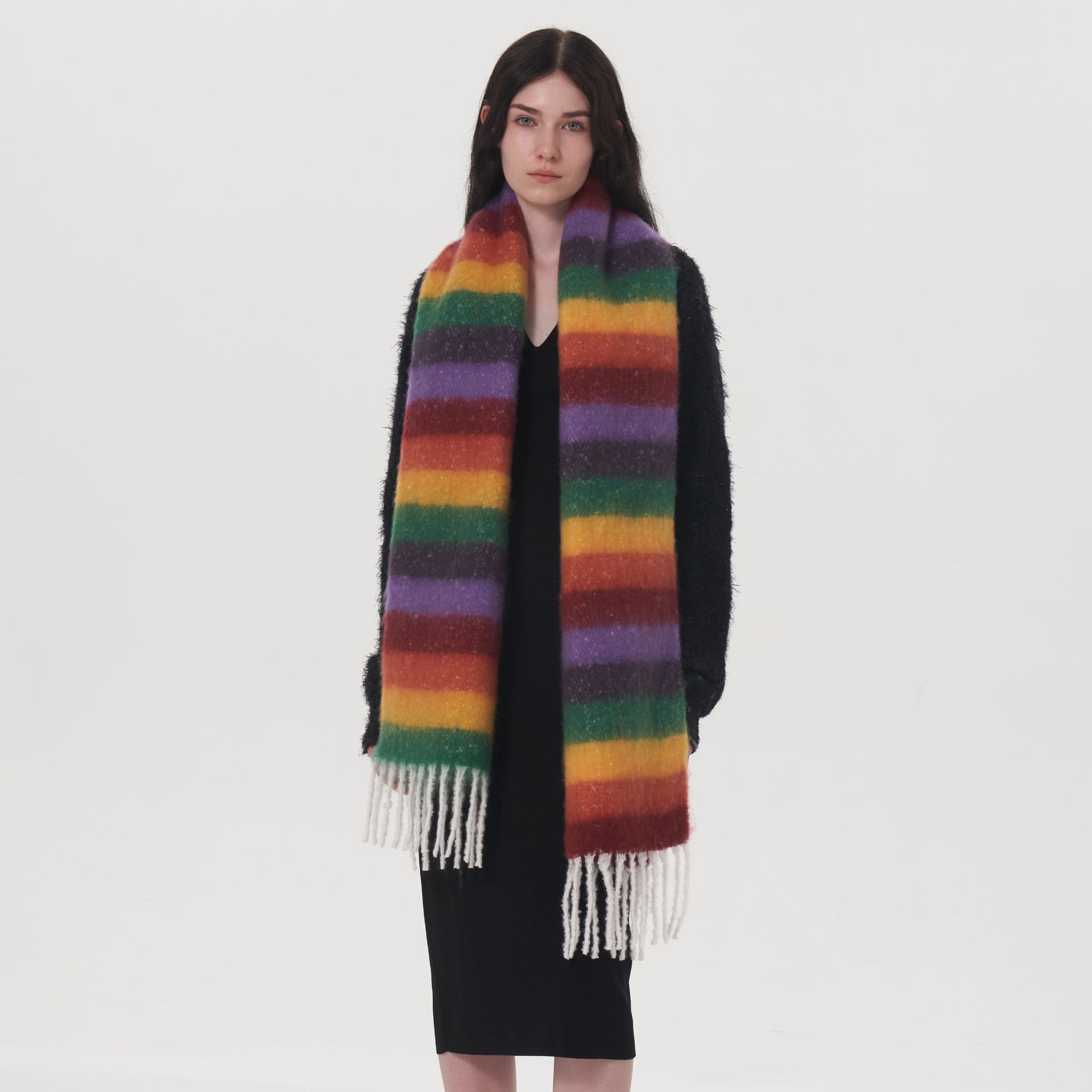 Sciarpa scozzese a righe con nappe e strisce dopamine ac, calda e spessa, stile designer, nuova collezione autunno e inverno per donna_voghion.com