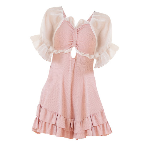 泳衣女年新款短袖纯欲连体高腰裙式遮肚显瘦保守温泉泳装