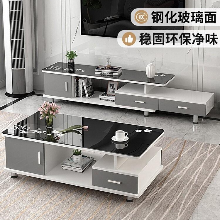 Tv Cabinet and Coffee Table Set, Simple Modern Living Room Home Use, Rock Slab Floor-Standing Glass Extendable Tv Cabinet for Small Households