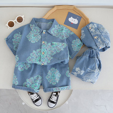 男童夏装牛仔衬衫套装2024新款宝宝国风衣服儿童夏季印花衬衣潮