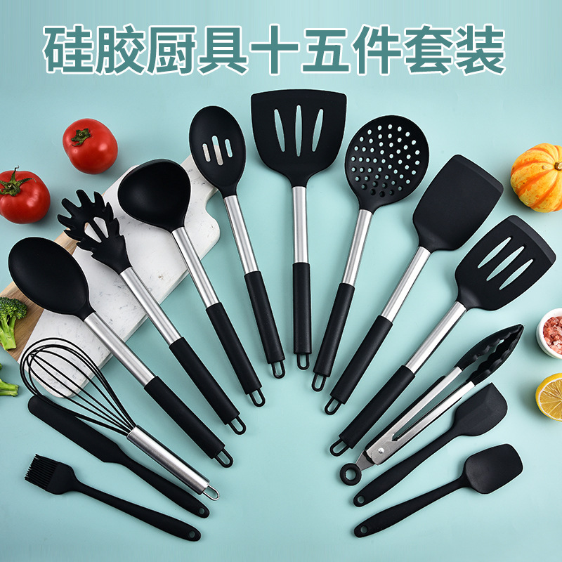 Utensilios de cocina de silicona, juego de mango de tubo de acero inoxidable, cuchara de pala para el hogar, espátula antiadherente, batidor, colador, juego de 15 piezas
