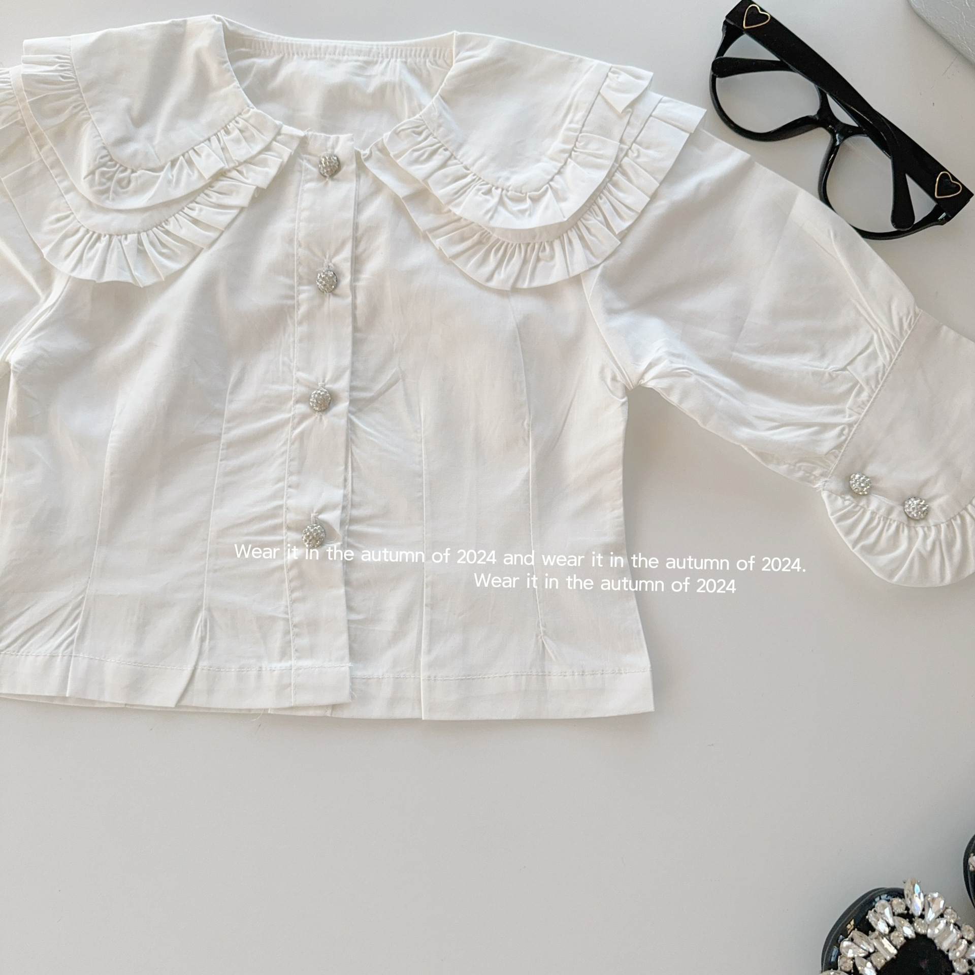 2024 소녀의 디자인 센스 레이스 옷깃 달콤한 셔츠 우아한 편안한 세척 코튼 화이트 셔츠 가죽 스커트 투피스 세트