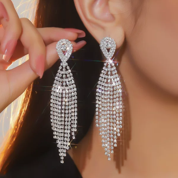 Amazon Explosions Fashion Long Tassel Earrings Women's Rhinestone Earrings with Diamond Earrings Earrings Full Copper Material