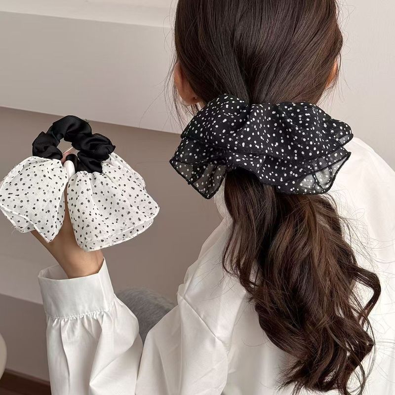 新しい夏の黒と白の水玉模様のスカートヘアゴム二層プリーツメッシュヘッドバンドヘアゴム気質ポニーテールヘアロープ|undefined