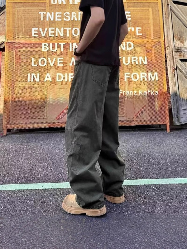 直筒宽松小众设计感休闲弯刀裤美式复古皱折阔腿多口袋工装裤男女|undefined
