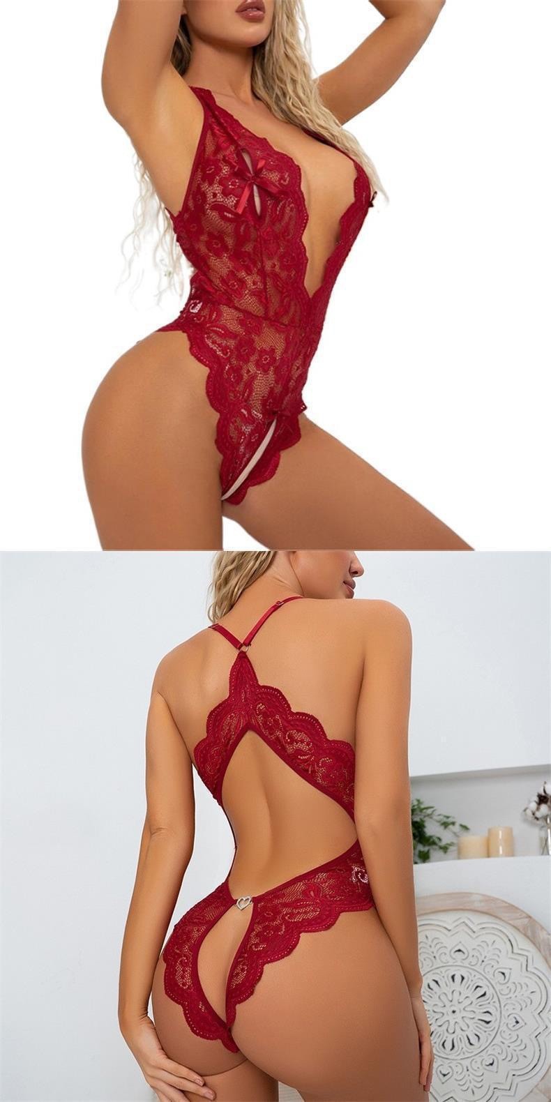 Women’s Lace Open-Crotch One-Piece Bodysuit in Deep Blue, XXXL — detail image 9