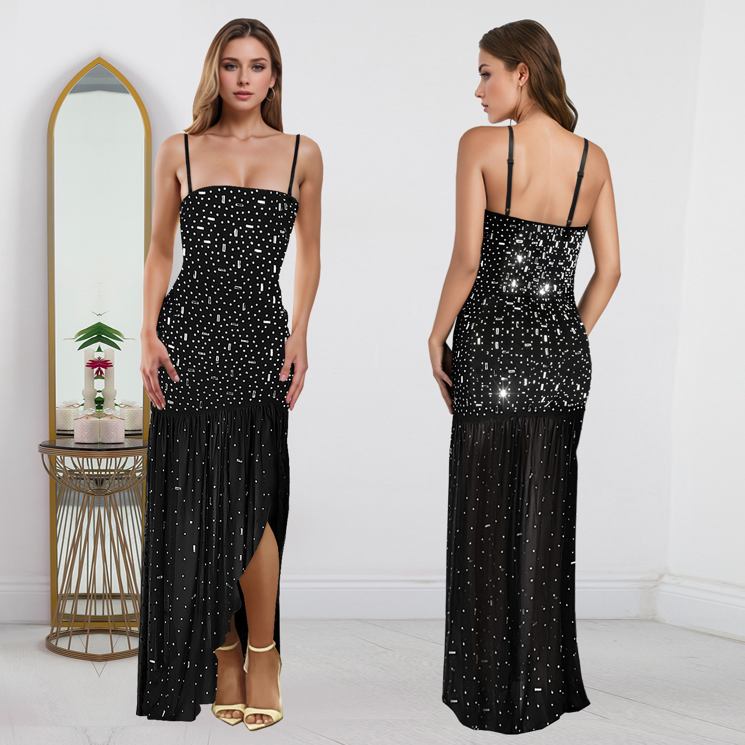 C7396 Cross-border AliExpress Amazon Moda europea y americana Vestido abierto con tirantes de diamantes calientes sexy de verano para mujer image 4