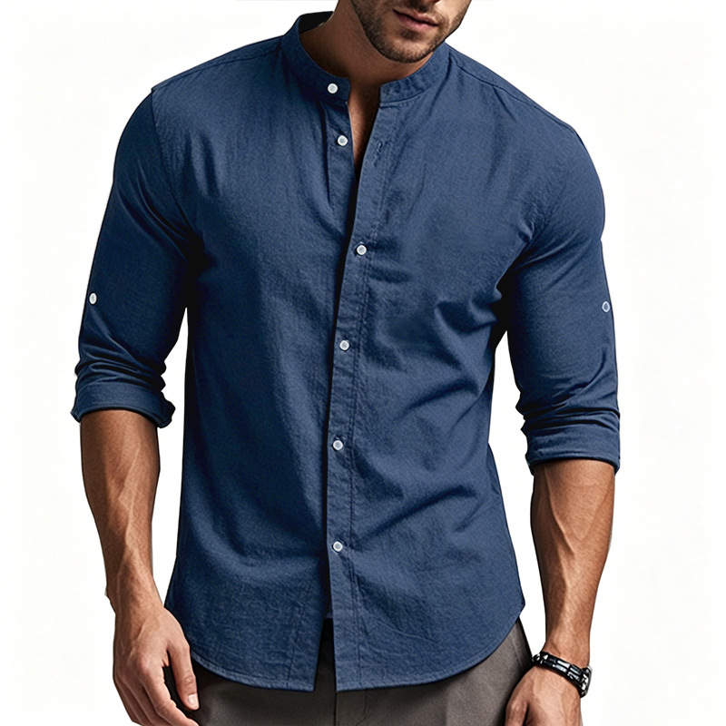 Nuevo Amazon algodón transfronterizo camisa de cuello largo hombre comercio exterior transpirable cuello Henry Casual American Top