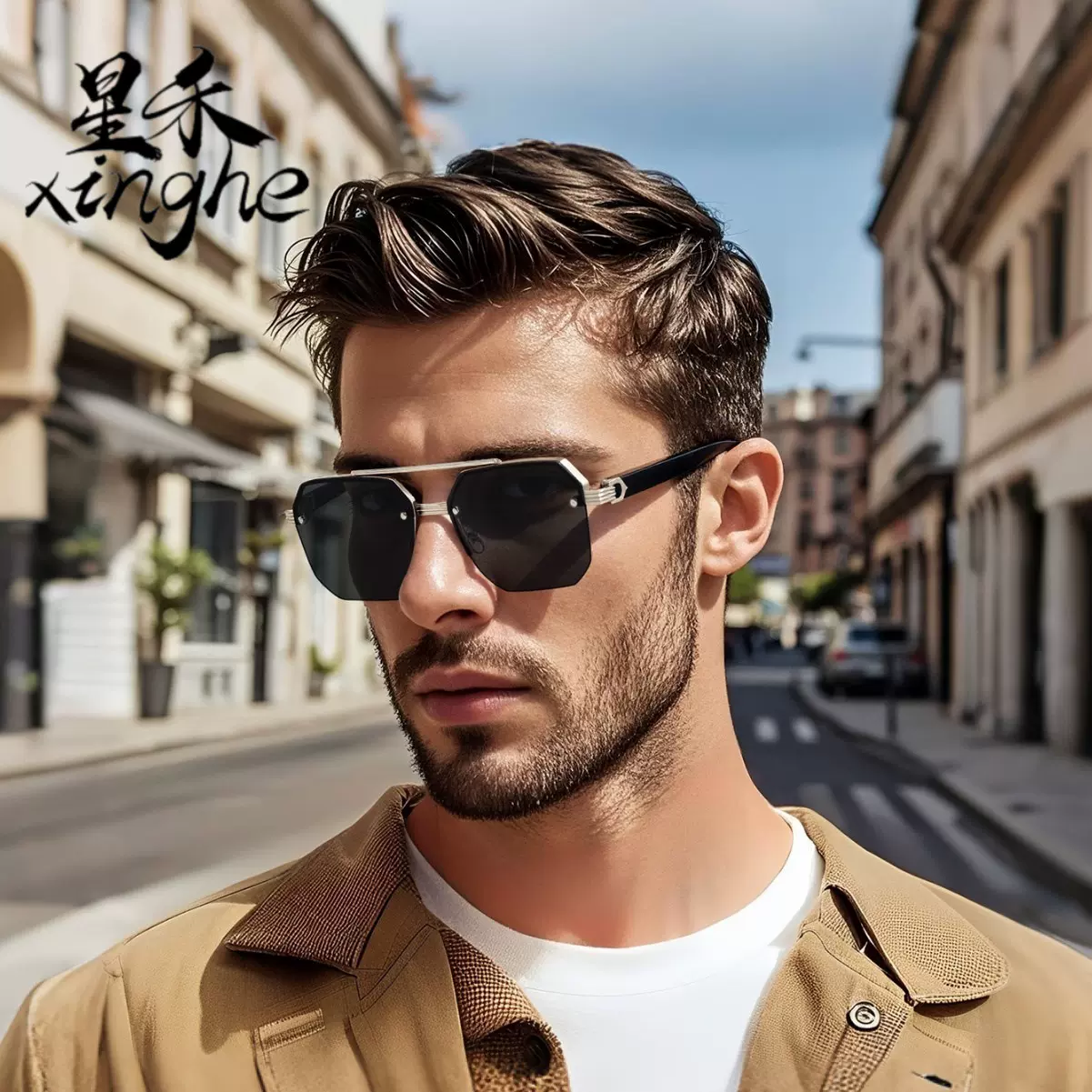 跨境双粱方形太阳镜欧美简约飞行员墨镜男女大脸显瘦潮流半框眼镜