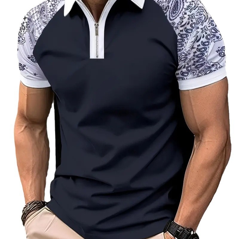 Venta caliente transfronteriza nueva impresión de degradado 3D de verano de gran tamaño casual para hombre suelto código europeo cremallera polo manga corta